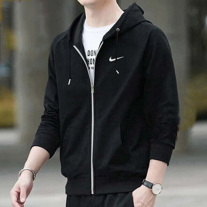 Nike耐克男装黑色保暖宽松休闲大码防风连帽夹克运动服外套521574