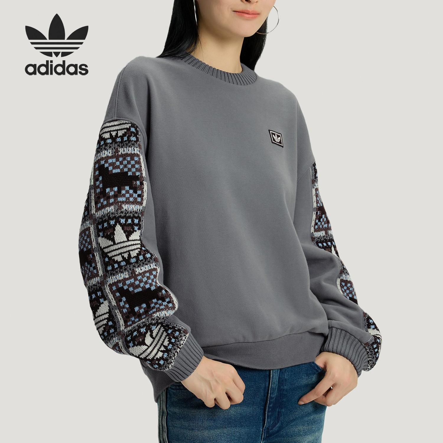 Adidas/阿迪达斯官方正品三叶草女士圆领套头拼接运动卫衣IA8931 - 实物图