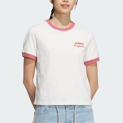 Adidas/阿迪达斯正品三叶草女士印花短款休闲透气针织短袖JM7972