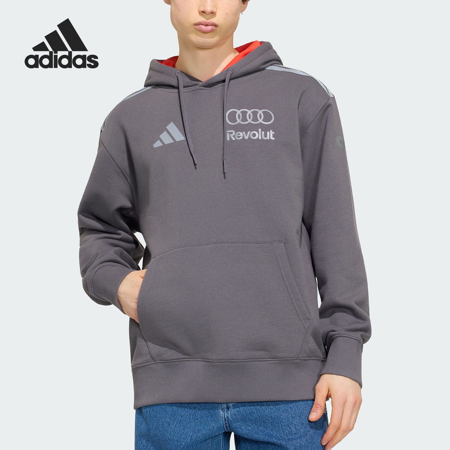 Adidas/阿迪达斯正品三叶草新款男灰红色柔软经典连帽卫衣KT1725