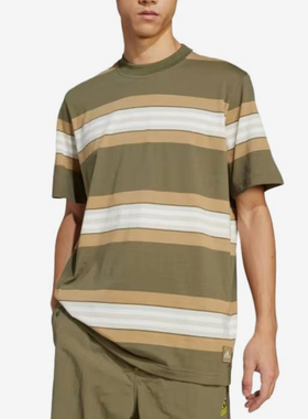 Adidas/阿迪达斯正品三叶草男橄榄白色经典条纹圆领短袖T恤JD5414
