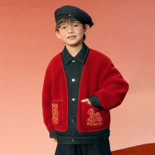 25冬季新款童装男童红色拼接仿羊羔毛外套儿童春装新年衣服拜年服