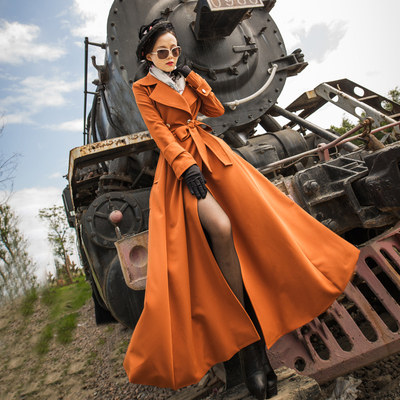 新品加长款修身显瘦翻领女式风衣