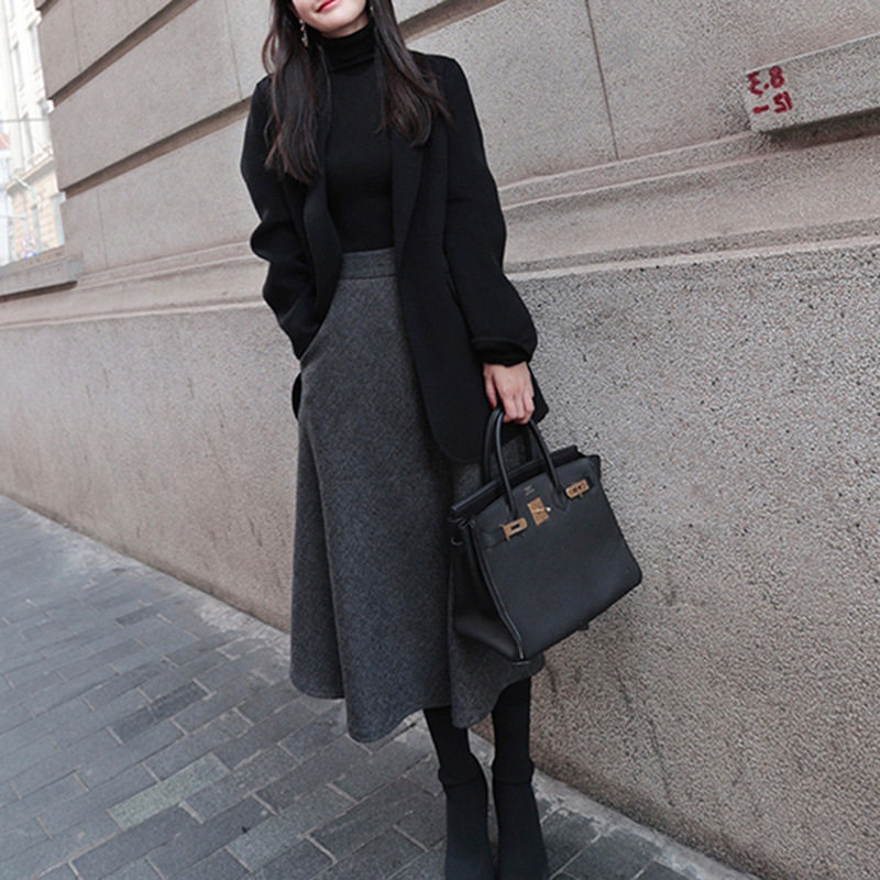 人字呢灰系2024秋冬新款高腰半身裙女气质高级感宽松显瘦毛呢长裙