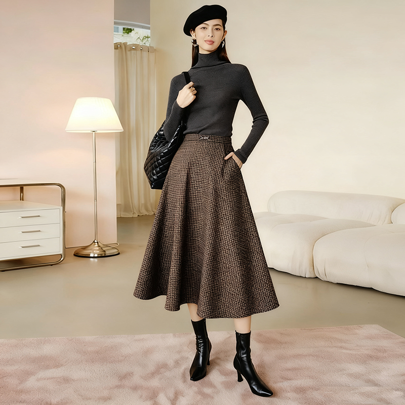 通勤千鸟格羊毛呢A字半身裙大麦女高腰大摆中长款立体半裙