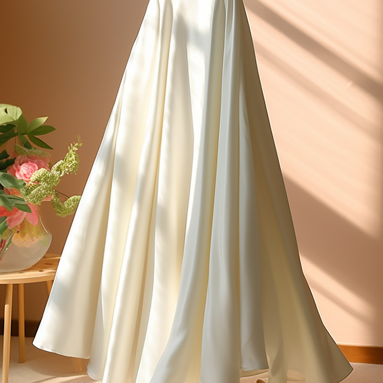 25春夏新款气质法式超仙高腰垂感显瘦a字大摆清冷白色缎面修身