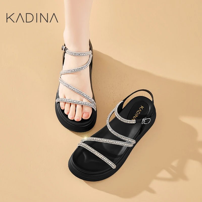 KADINA卡迪娜2025春夏季新款厚底露址条带钻链休闲女凉鞋KM257502