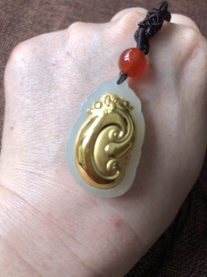 金镶玉如意吊坠天然和田玉如意头挂件玉石足金玉佩正品 玉坠子项链