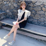 23年夏荷叶领拼接黑色连体短裤高品质减龄法式267-6118P95控148，女装连体裤，浙宝267