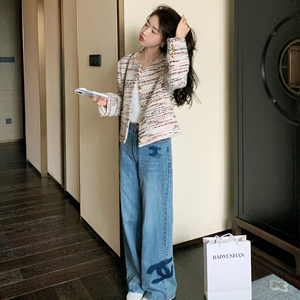 法式名媛粉色小香风外套女2023春秋新款小个子气质高端粗花呢上衣图片