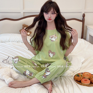 梵熙语2026春款网红睡衣女短袖九分裤束脚纯棉卡通宽松家居服套装
