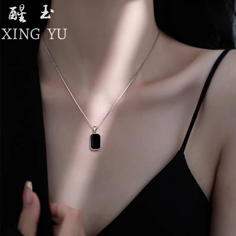 黑曜石项链女款2026新款925纯银方牌锁骨链520情人节礼物送女朋友