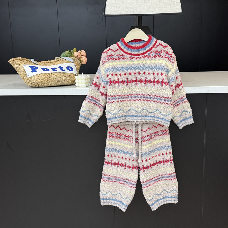 leomama【费尔岛】女童家居服秋冬儿童半边绒加厚保暖分体睡衣