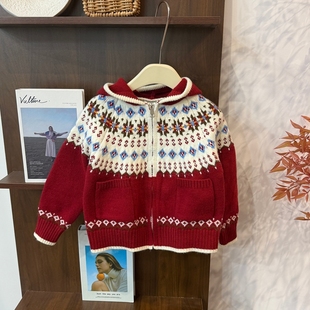 儿童上衣 女大童圣诞节红色针织开衫 leomama女童冬季 毛衣25新款