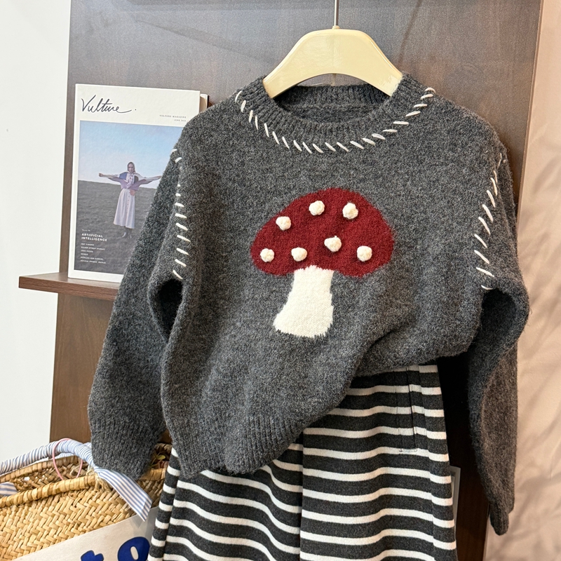 leomama女童蘑菇加厚毛衣25新款秋冬打底衫针织衫内搭上衣保暖