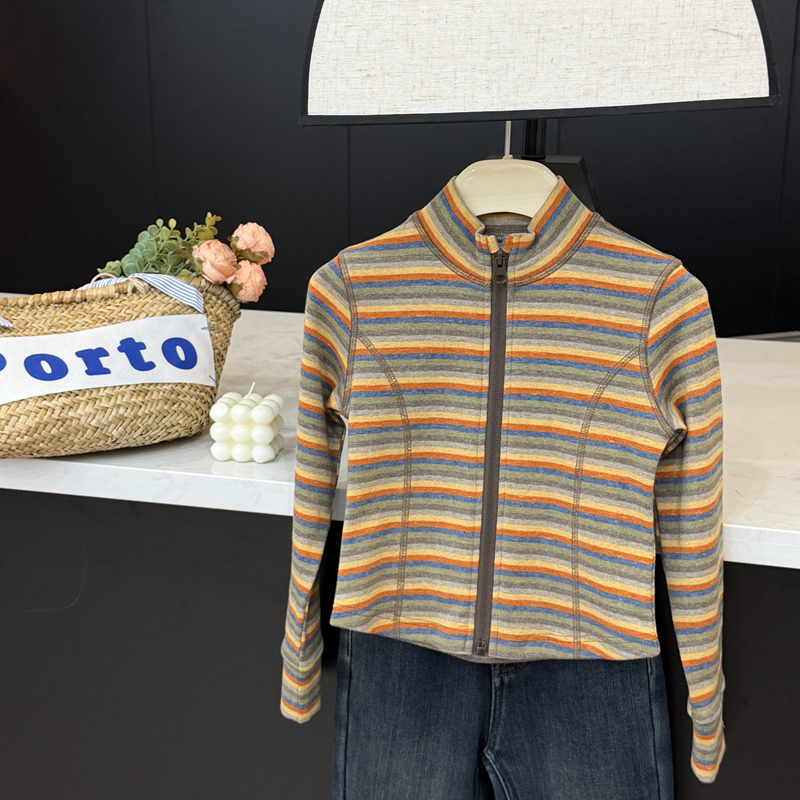 leomama童装女童立领长袖T恤秋冬款运动上衣洋气女孩条纹拉链开衫