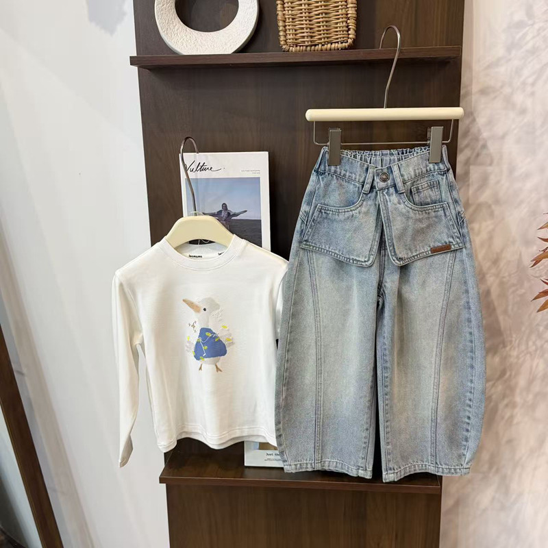 leomama童装女童洋气牛仔裤2026新款儿童口袋弯刀裤女孩休闲长裤