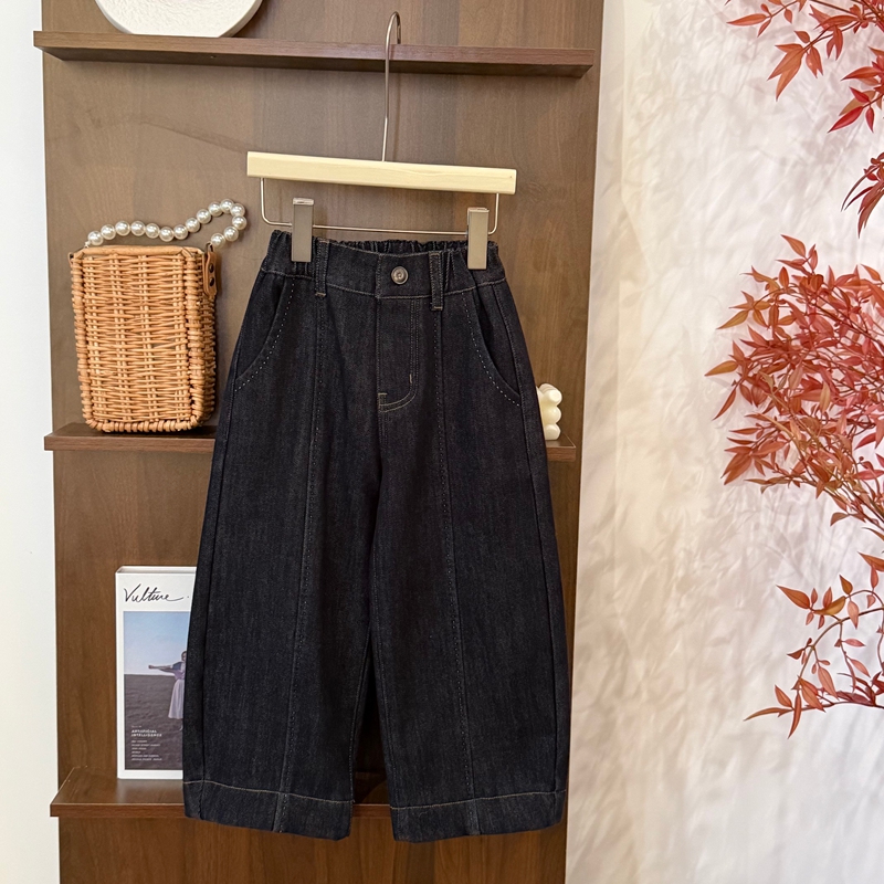 leomama女童加绒牛仔裤秋冬季新款阔腿裤加厚百搭牛仔裤宽松裤子