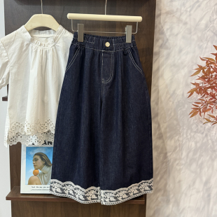 儿童裤 leomama 春夏款 女童宽松直筒花边牛仔裤 子潮 复古庄园