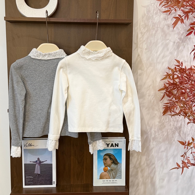 leomama女童蕾丝边半高领长袖打底衫秋冬新品中大童百搭洋气上衣