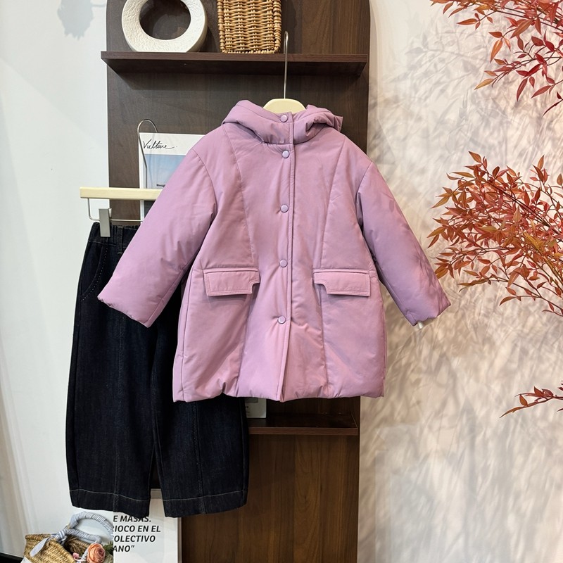 leomama女童冬季紫色中长款棉服25新款洋气女孩加绒加厚冬装外套