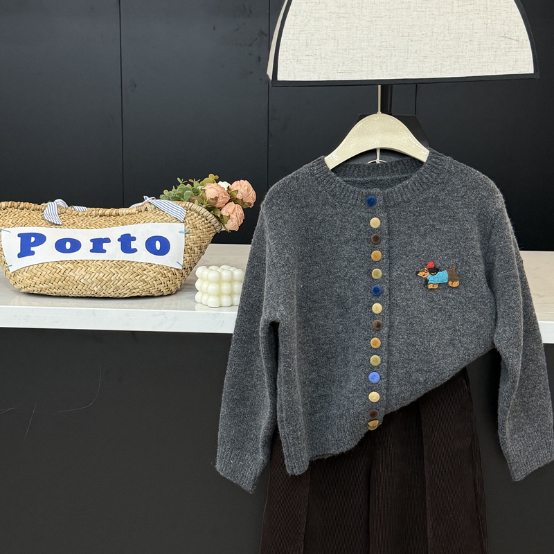 leomama女童彩色扣毛衣开衫秋装儿童洋气超好看灰色针织衫外套