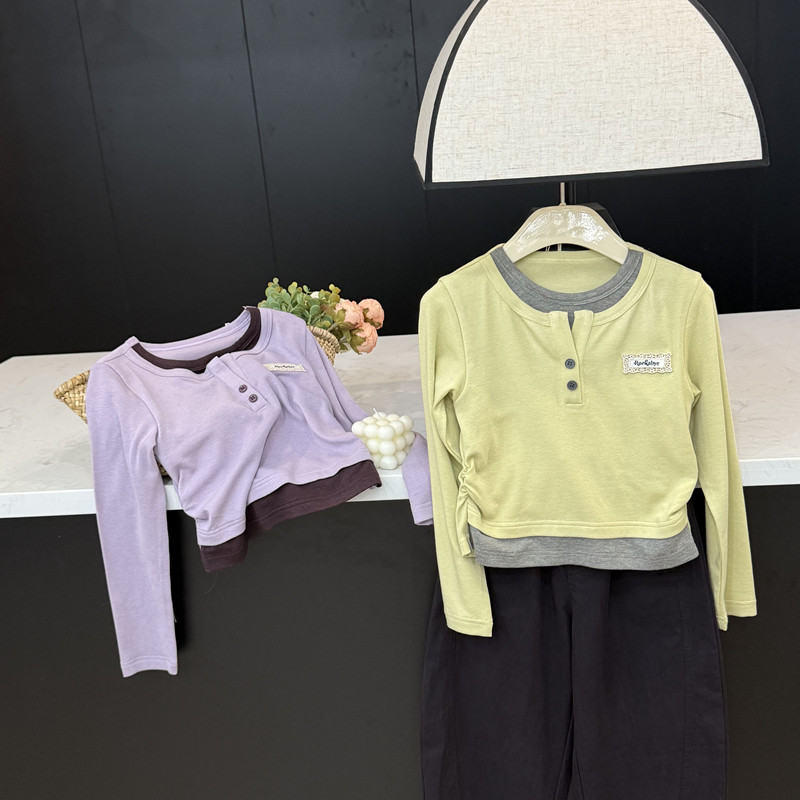 leomama女童长袖t恤双色叠穿假两件秋季韩版时尚休闲儿童修身上衣