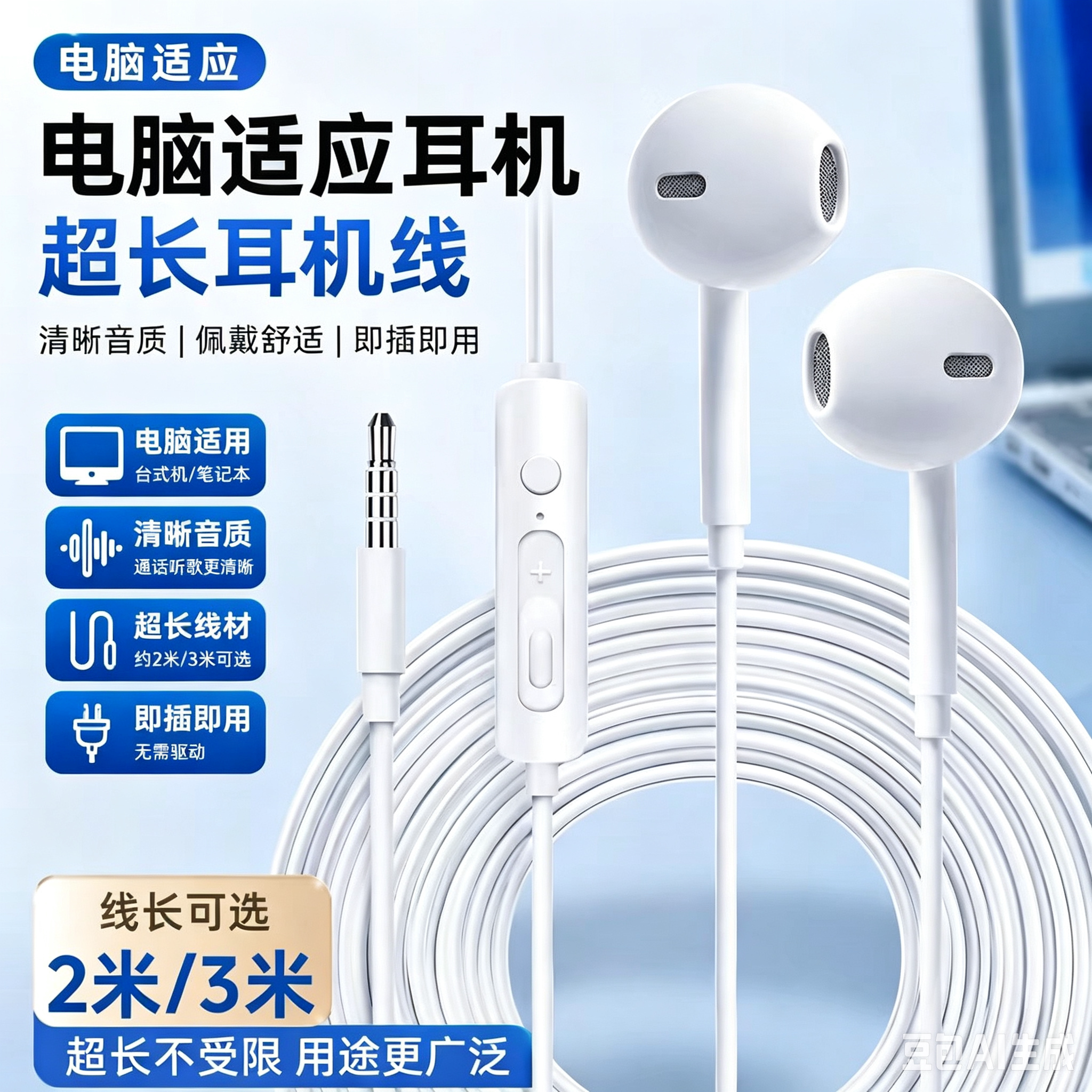 台式电脑耳机有线带麦双插头半入耳式无麦只听声音办公笔记本手机