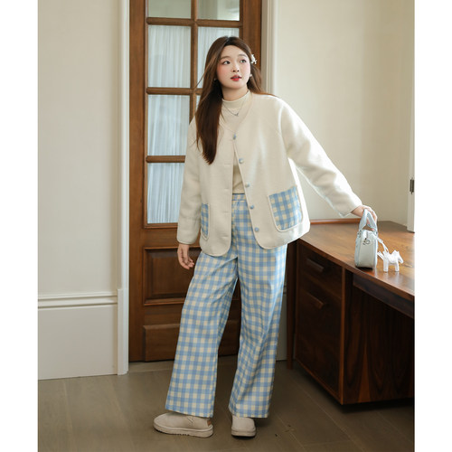 DM100大码百分百女装微胖mm秋季格纹摇粒绒外套直筒休闲裤套装