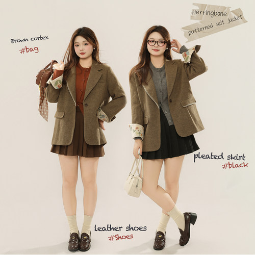 DM100大码百分百微胖mm秋季正肩人字纹40羊毛刺绣拼接西装短外套