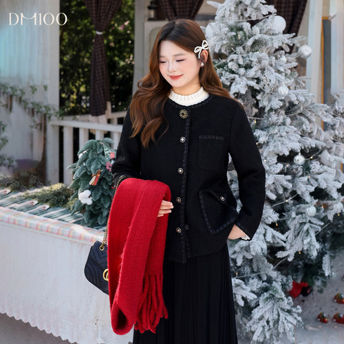 DM100大码百分百女装微胖mm冬季气质重工花边夹棉圈圈羊毛呢外套