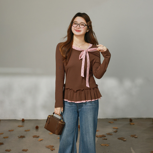 撞色波点系带收腰双层花边打底T恤 微胖mm冬季 DM100大码 百分百女装