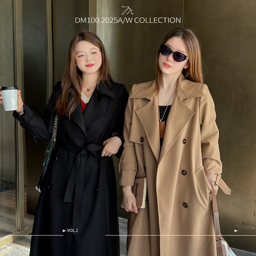 DM100大码百分百女装秋微胖mm时尚百搭大衣正肩翻领显瘦长款风衣