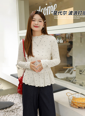 DM100大码百分百女装微胖mm秋冬波点印花半高领波边打底衫内搭T恤