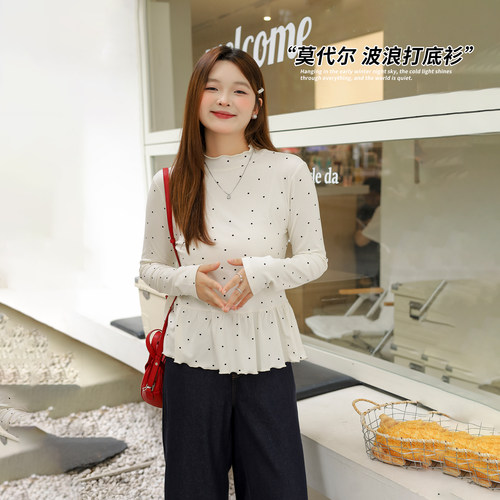 DM100大码百分百女装微胖mm秋冬波点印花半高领波边打底衫内搭T恤