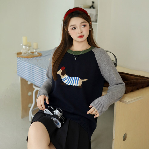 DM100大码百分百女装微胖mm冬季腊肠狗提花圆领插肩长袖T恤打底衫