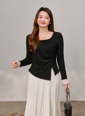 【12/26 单品85折+立减10%】DM100大码花边方领收腰开叉T恤