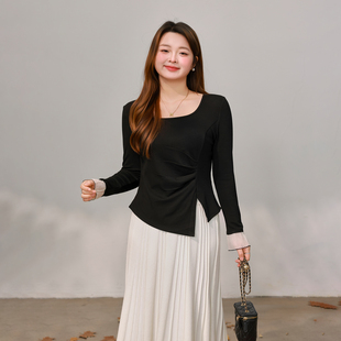 20点 新品 88折 DM100大码 立减15% 花边方领收腰开叉T恤