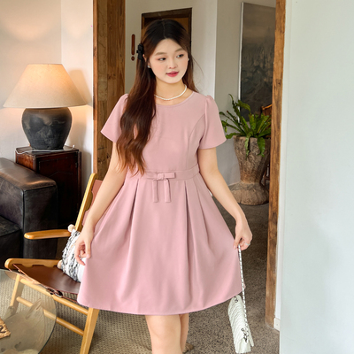 DM100大码百分百女装夏季胖mm千金风连衣裙精致miu系蝴蝶结连衣裙