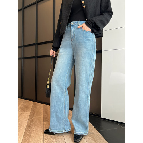 DM100大码百分百女装微胖mm秋季基础百搭休闲蓝色阔腿直筒牛仔裤