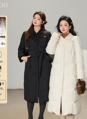 DM100大码百分百女装微胖mm冬季立体领显瘦收腰加厚直筒长羽绒服