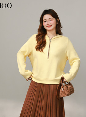 DM100大码百分百女装微胖mm冬季百搭撞色刺绣拉链针织毛衣连帽衫