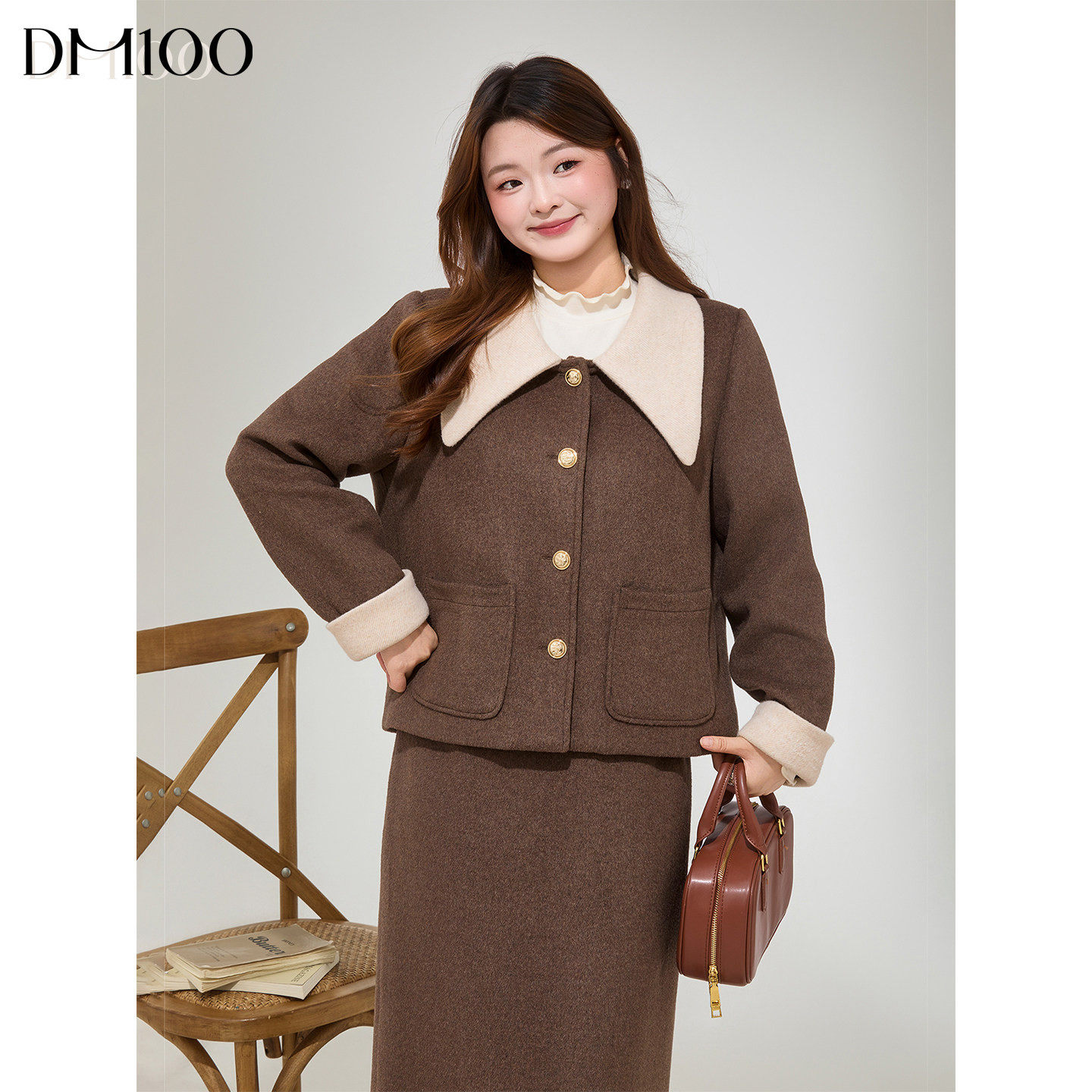 DM100大码百分百女装微胖mm冬季撞色娃娃领加厚夹棉外套毛呢套装,女装/女士精品,大码套装,淘宝优惠券,粉丝福利购,淘宝优惠卷