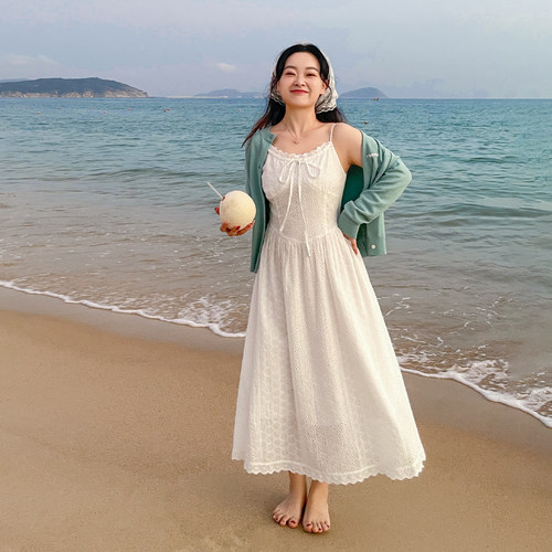 DM100大码百分百2025新款女装针织开衫白色蕾丝吊带裙温柔风套装