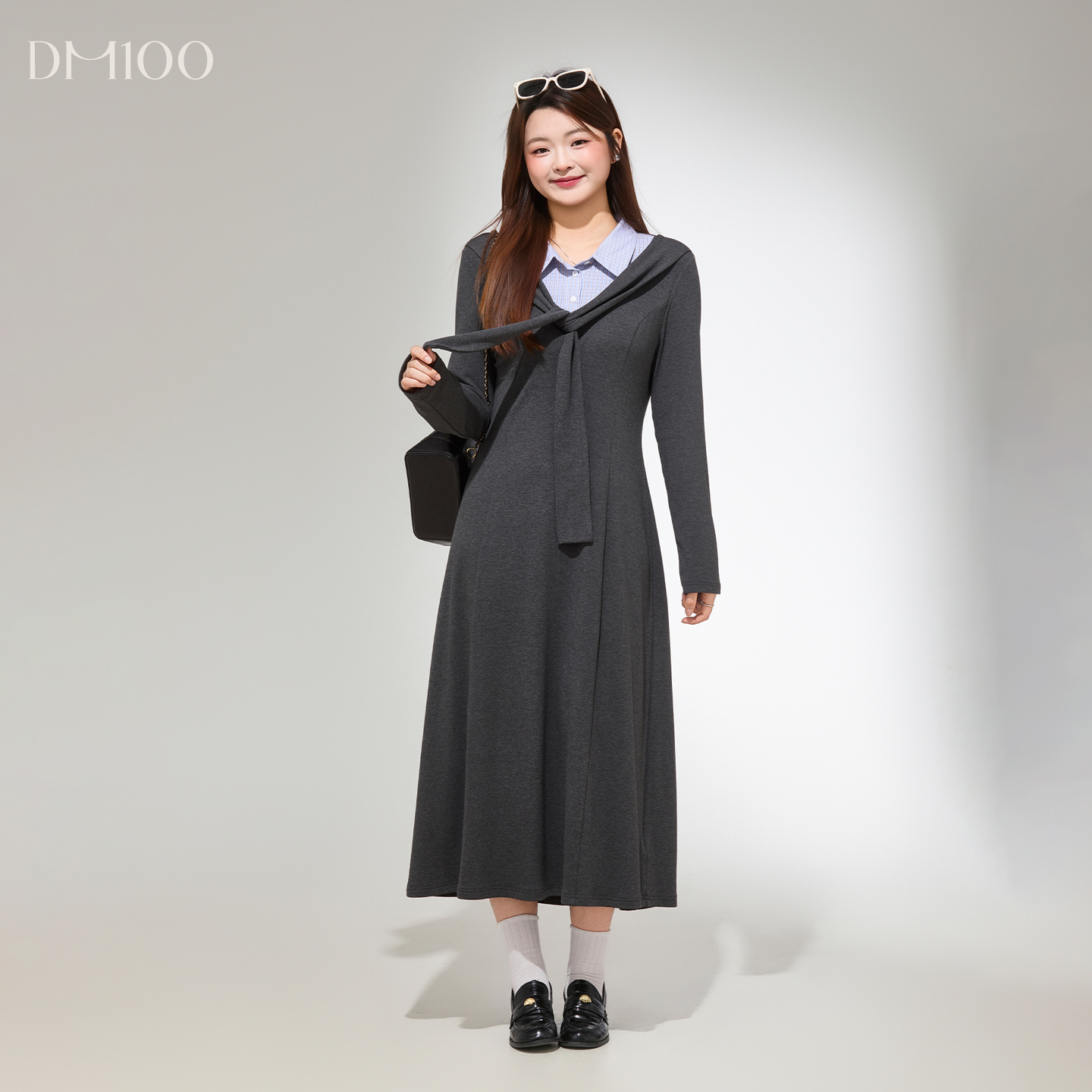 DM100大码百分百女装微胖mm冬季假两件拼接磨毛披肩打底连衣裙