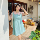 DM100大码 连衣裙 百分百女装 夏胖mm甜美清新撞色翻领散摆格纹衬衫