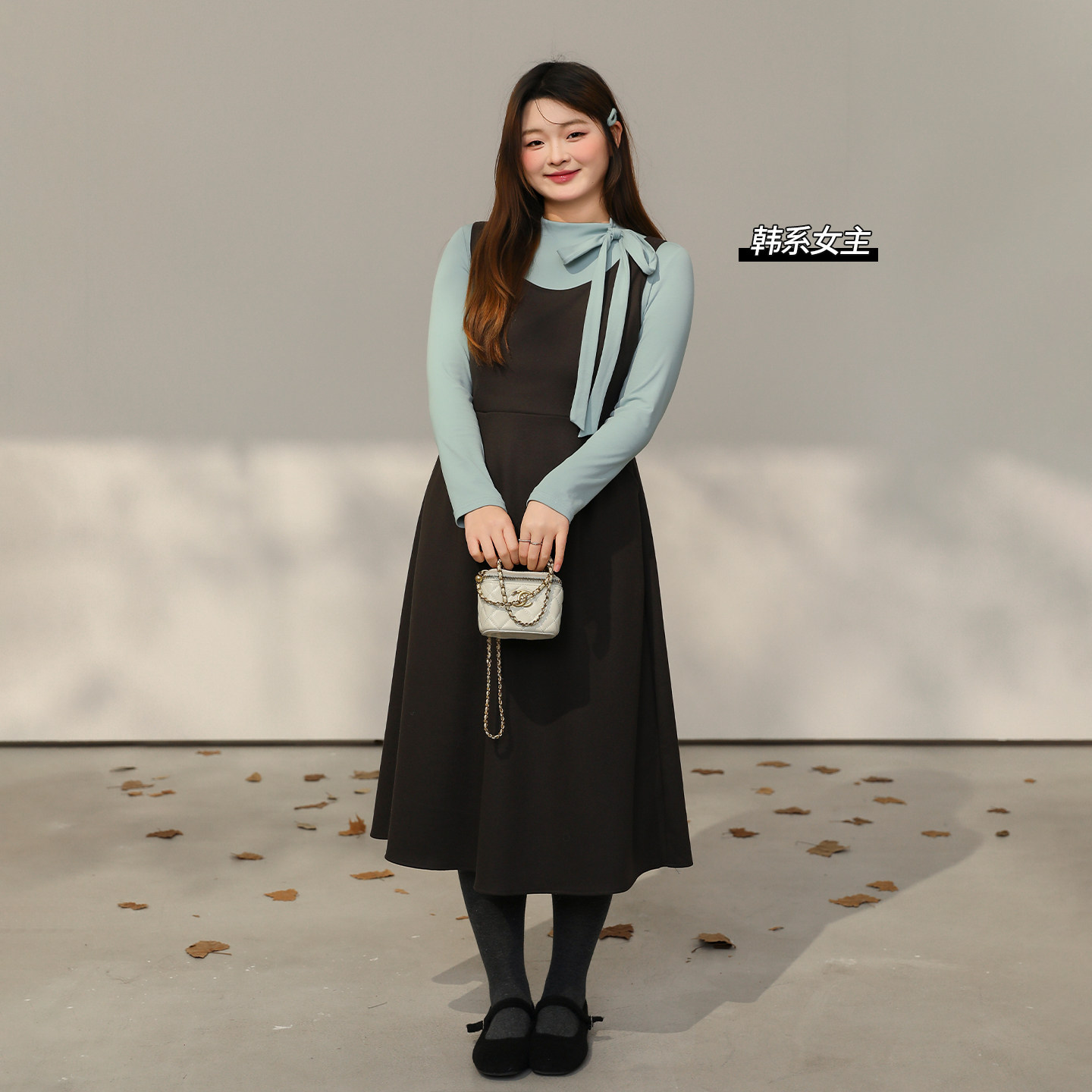 【1/07新品 20点 年货节立减15%】DM100大码撞色假两件绑带连衣裙