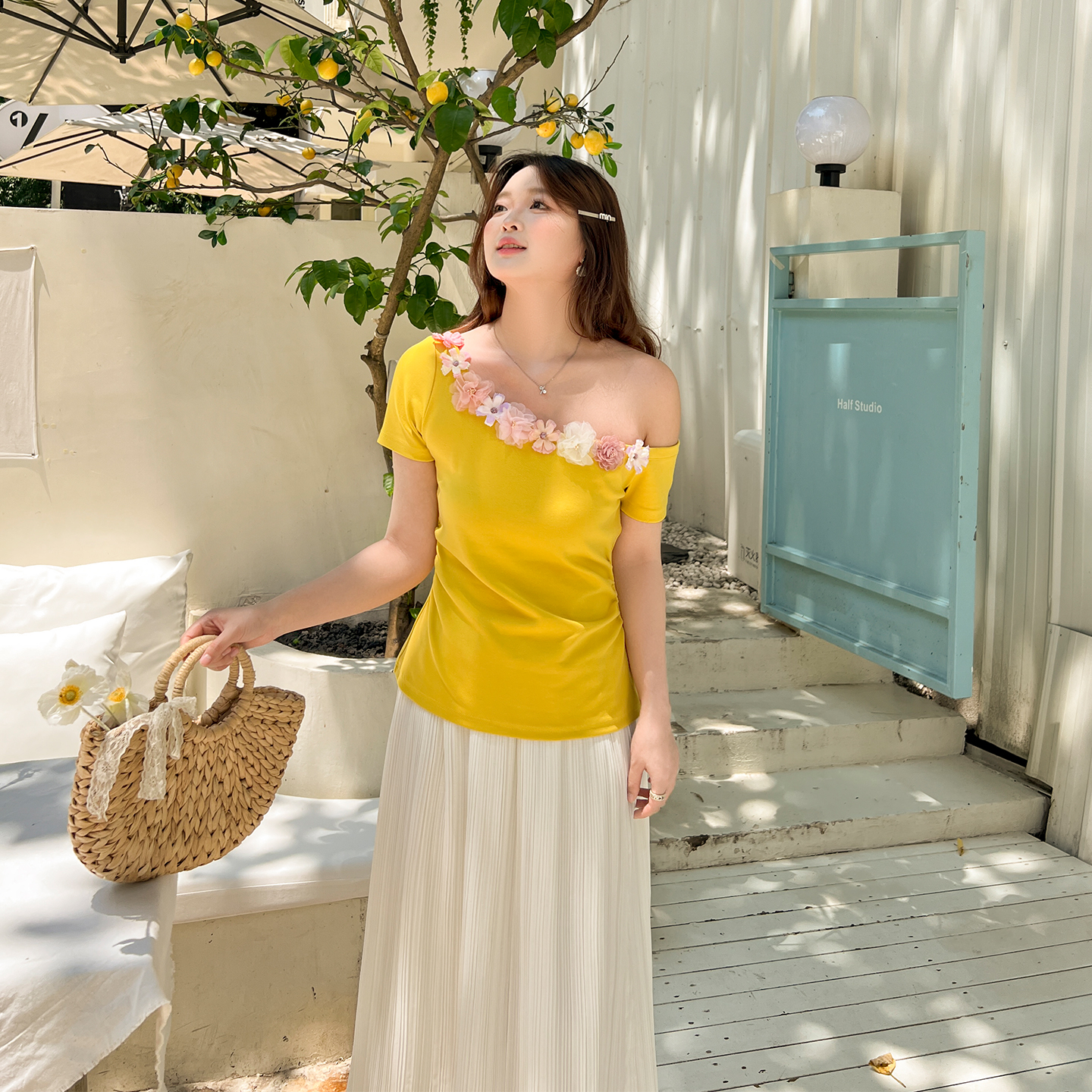 DM100大码百分百女装夏季胖mm甜美立体花边斜肩修身显瘦收腰T恤