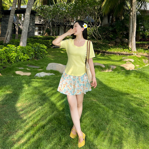 DM100大码百分百女装夏季微胖mm显瘦百搭短袖碎花百褶裙短款套装