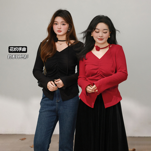 气质V领修身 微胖mm冬季 收腰开叉针织打底T恤 百分百女装 DM100大码